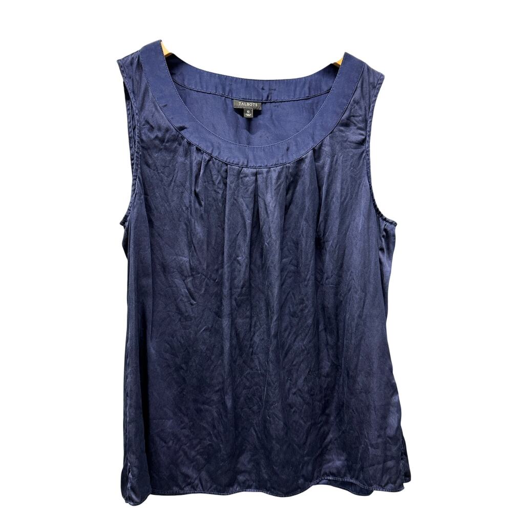 Talbots Silk Blouse Womens 10 Blue Sleeveless Pullover Pleat Detail Coastal